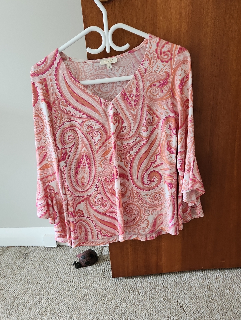 Laura Pink Paisley V-Neck Blouse with Flared Sleeves